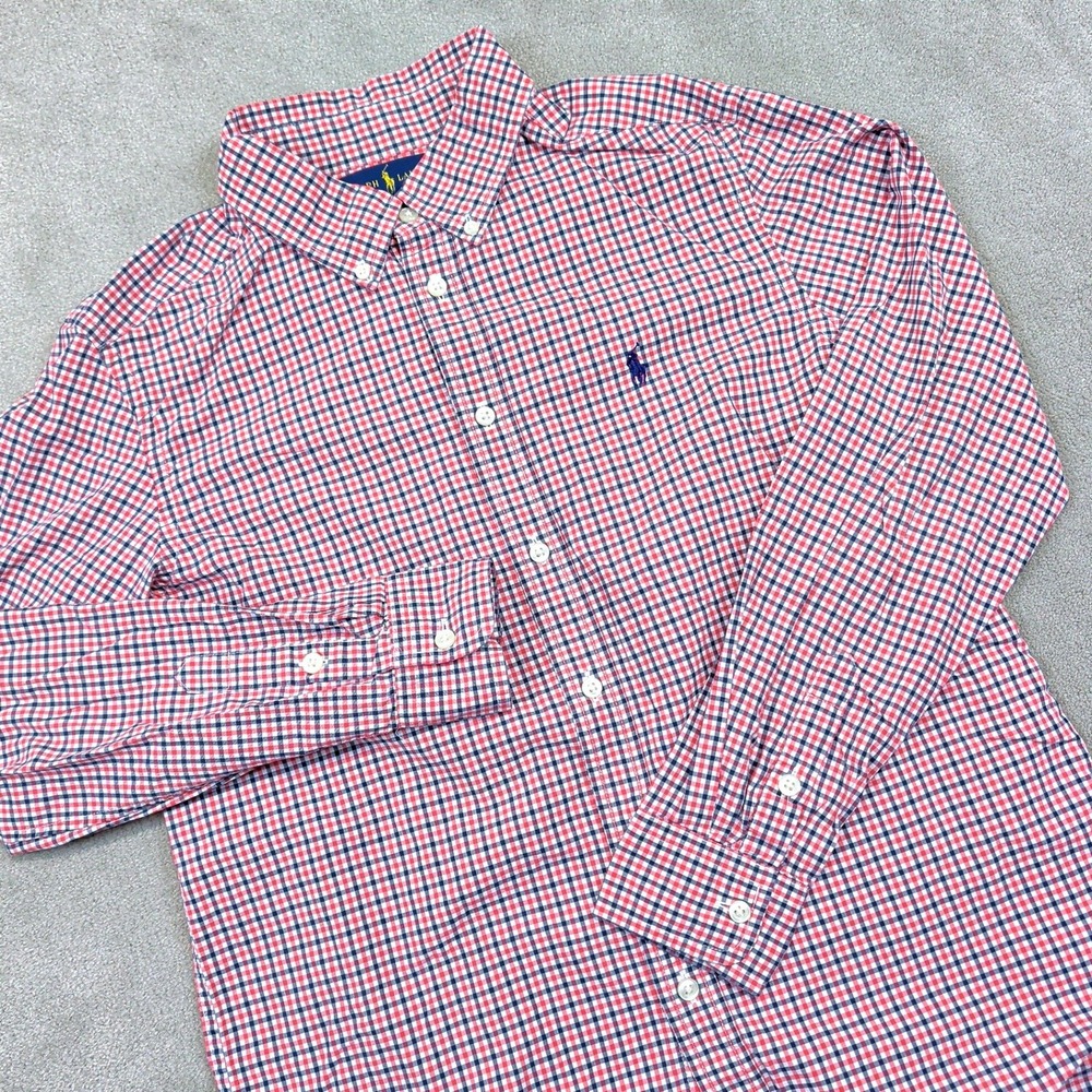 Ralph Lauren Boys L 14-16 Gingham Button Down Shirt Red Navy Blue Cotton Preppy
